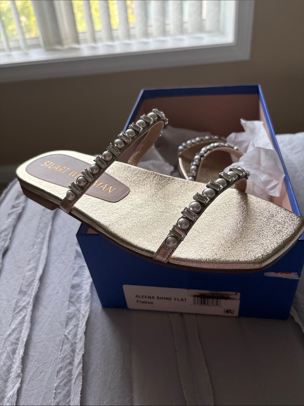 Stuart Weitzman Metallic Gold Beaded Double-Strap Flat Sandals